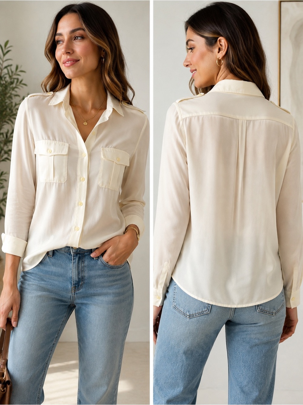 Banana Republic 100% Silk Cream Button-Up Utility Blouse